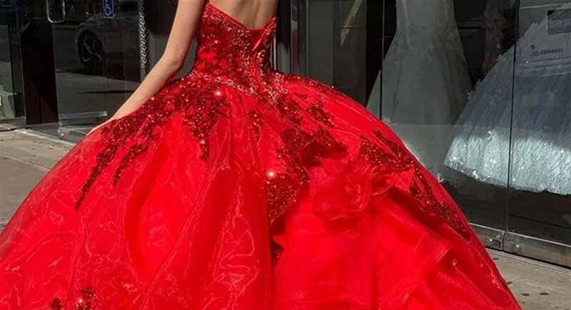 Czerwona księżniczka Quinceanera sukienka balowa ukochana tiulowa aplikacje słodkie 16 sukienek 15 Años meksykańskie