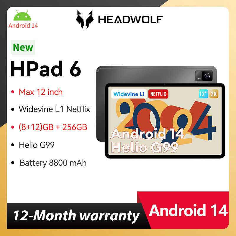 Headwolf HPad6 태블릿 PC 지지대, 안드로이드 14 옥타코어 CPU, G99, 8GB(+ 12GB) 램, 256GB UFS2.2, Widevine L1, 넷플릭스 8800 mAh,
