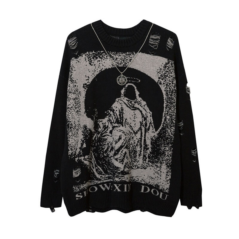 Streetwear Destroyed Hole Knitted Sweaters Mens Hip Hop Harajuku Priest Salvation Printed With Chain Oversized Pullovers Unisex