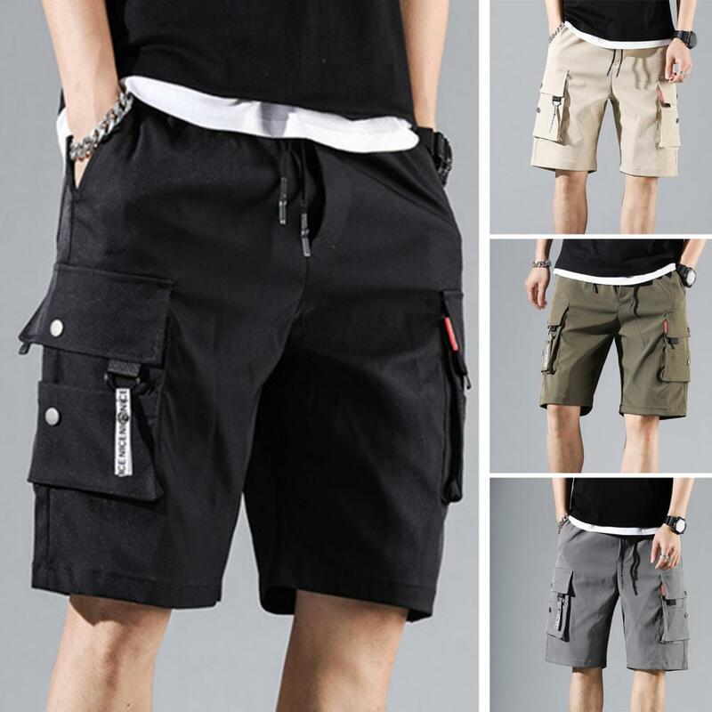 Celana pendek kargo dengan beberapa kantong, celana kargo musim panas elastis dengan tali serut pinggang tinggi