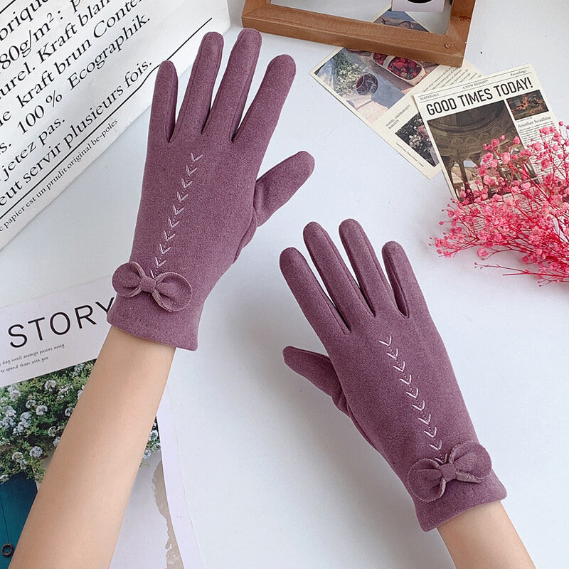 Зимние женские теплые перчатки для сенсорных экранов с бархатной подкладкой, с бантом и вышивкой, Модные индивидуальные элегантные ветрозащитные перчатки для вождения