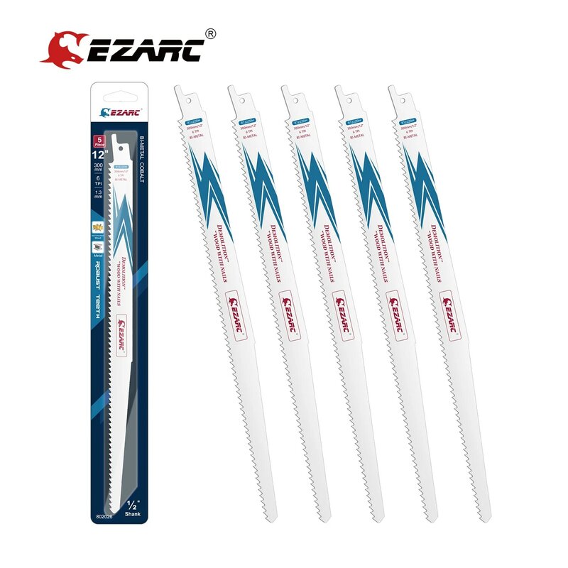EZARC 5PCS 150/225/300mm Reciprocating Saw Blade Bi-Metal Cobalt Sabre Saw Blades for Wood Demolition 6TPI R622DH R922DH R1222DH