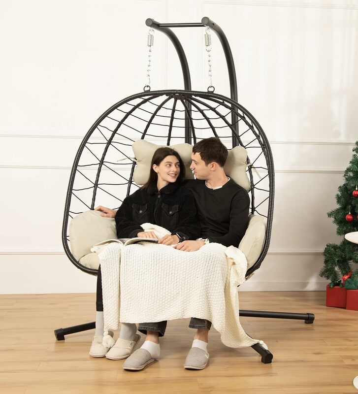 Двойное комнатное/уличное плетеное кресло-качели для яиц, гамак, складные подвесные кресла для влюбленных с подставкой, устойчивые к ультрафиолетовому излучению съемные подушки