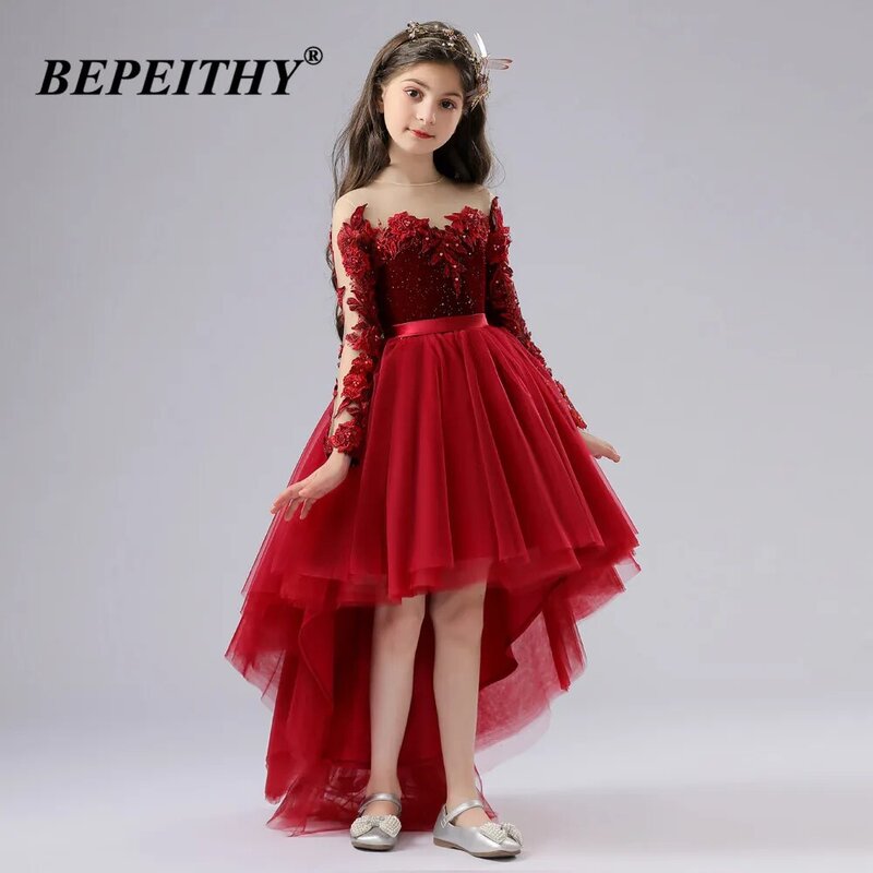 BEPEITHY Burgundy Lace Flower Girl Dresses For Weddings Long Sleeves Vestidos De Fiesta Birthday Dress Kids Girl Robe Princesse