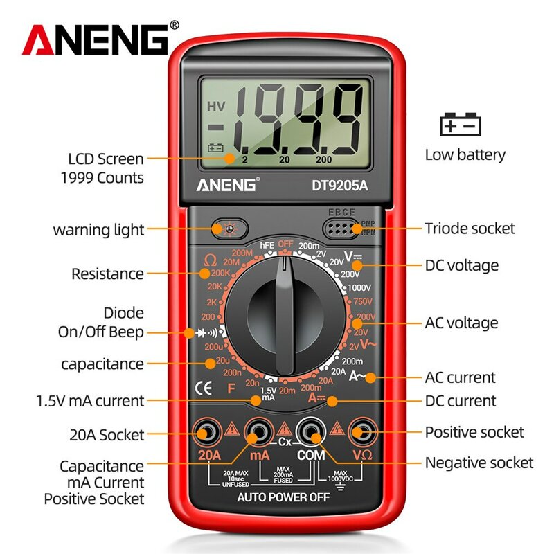ANENG DT9205A-12 디지털 멀티미터, AC DC 전압 전류 테스터, 전기 테스트 계량기, 전문 아날로그 멀티미터, 1999 카운트