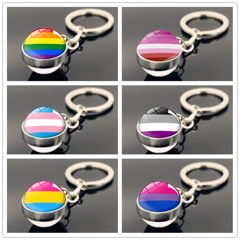Gantungan Kunci Kaca Cabochon untuk Gay Pride pola pelangi bola sisi ganda hadiah perhiasan grosir Dropshipping baru 2024