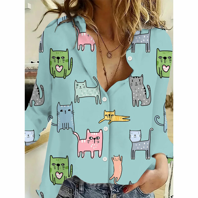 Camisa de botão manga longa feminina, camisas fofas de gato, blusas, botão, ajuste casual, roupa feminina, verão, moda, 2024
