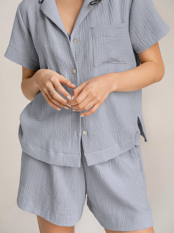 Hiloc 100% algodão casa terno para mulher lapela pijamas único breasted conjunto com shorts cor pura pijamas com bolso