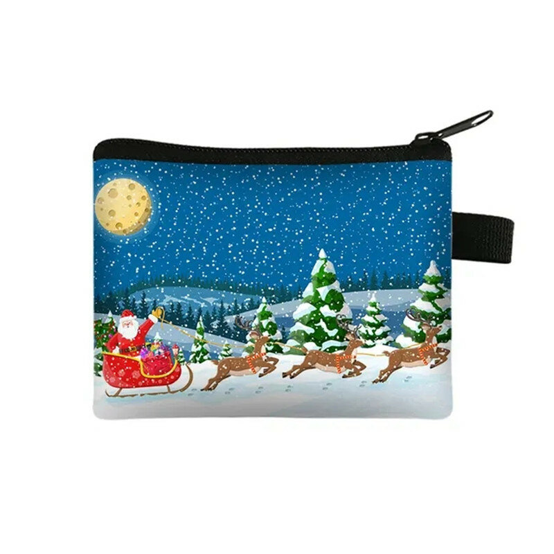 Papai Noel Snowflake Elk Print Coin Purse, Carteira de Natal, Dinheiro Cartão de Crédito Dinheiro Sacos, Organizador de doces Bolsa pequena