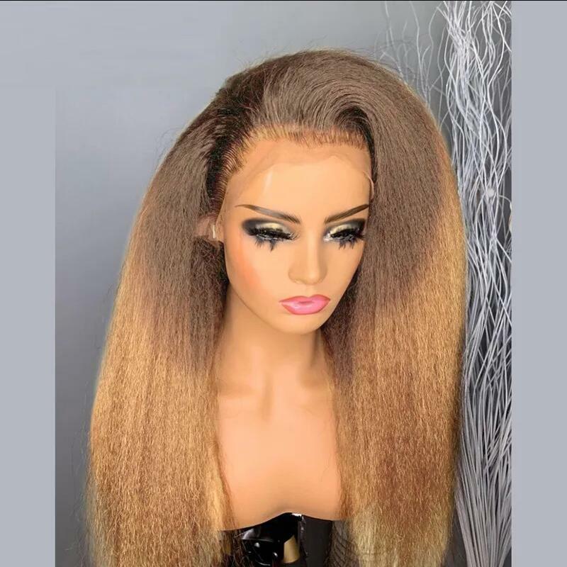 180Density Yaki Soft 26“Long Ombre Blonde Brown Kinky Straight Lace Front Wig For Black Women BabyHair Glueless Preplucked