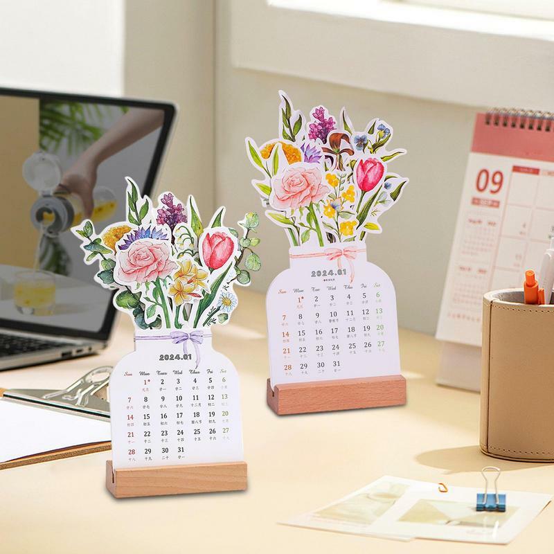 Bloomy Flower Desk Calendário, Cartão De Madeira Criativo, Alta qualidade, Desktop, Illustrator, Decorar Suprimentos, 2024