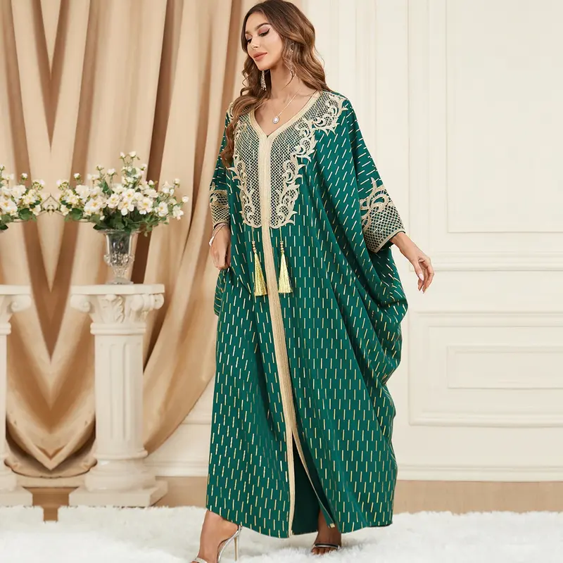 Abaya Muslim untuk wanita gaun panjang Dubai kerah V liontin Lengan kelelawar Turki Afrika Kaftan rompi