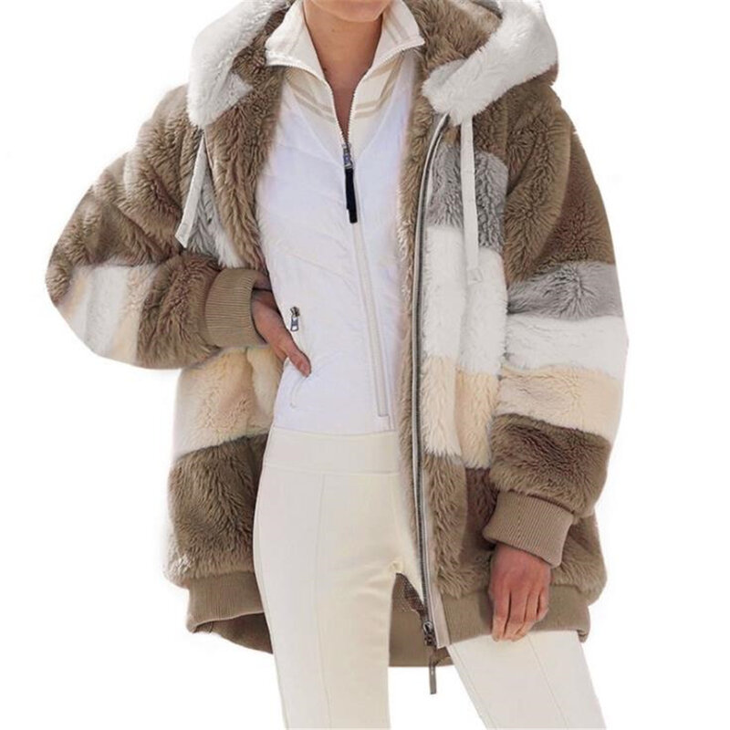 Kurtka damska z kapturem płaszcz zimowy z polaru ciepły zamek błyskawiczny patchworkowy w stylu Casual luźne szwy ze sztucznego Parka futrzana ubrania w kratkę damska odzież wierzchnia