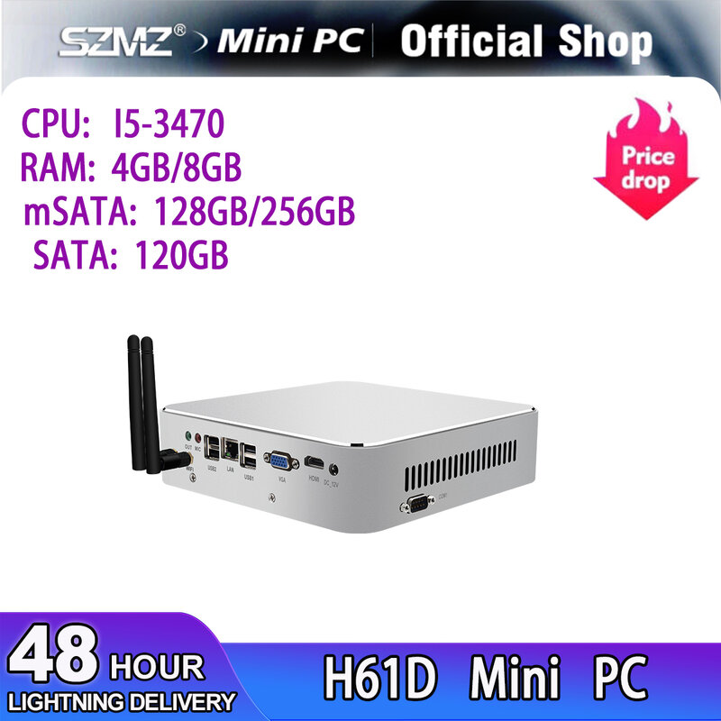 SZMZ 미니 PC 팬리스 PC, H61D Minpc, 인텔 I5-3470 VGA HD LVDS DDR3 데스크탑 컴퓨터, 윈도우 10 프로 리눅스 와이파이 게임용 PC TV 박스