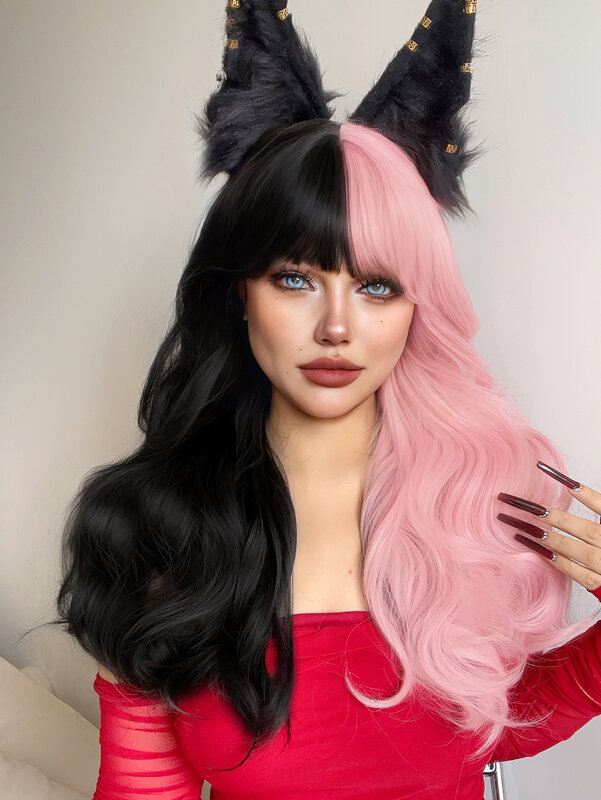 26Inch Black Pink Halfway Synthetic Wigs With Bang Long Natural Wavy Hair Wig For Women Daily Use Cosplay Party Heat Resistant