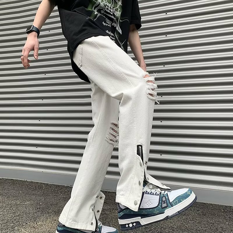 Y2K Techwear wiosenne nowe męskie spodnie z dziurami, dżinsowe modne podarte białe dżinsy Hip Hop Vintage Jean Man Zip Up casualowe Jean Homme zapięcie