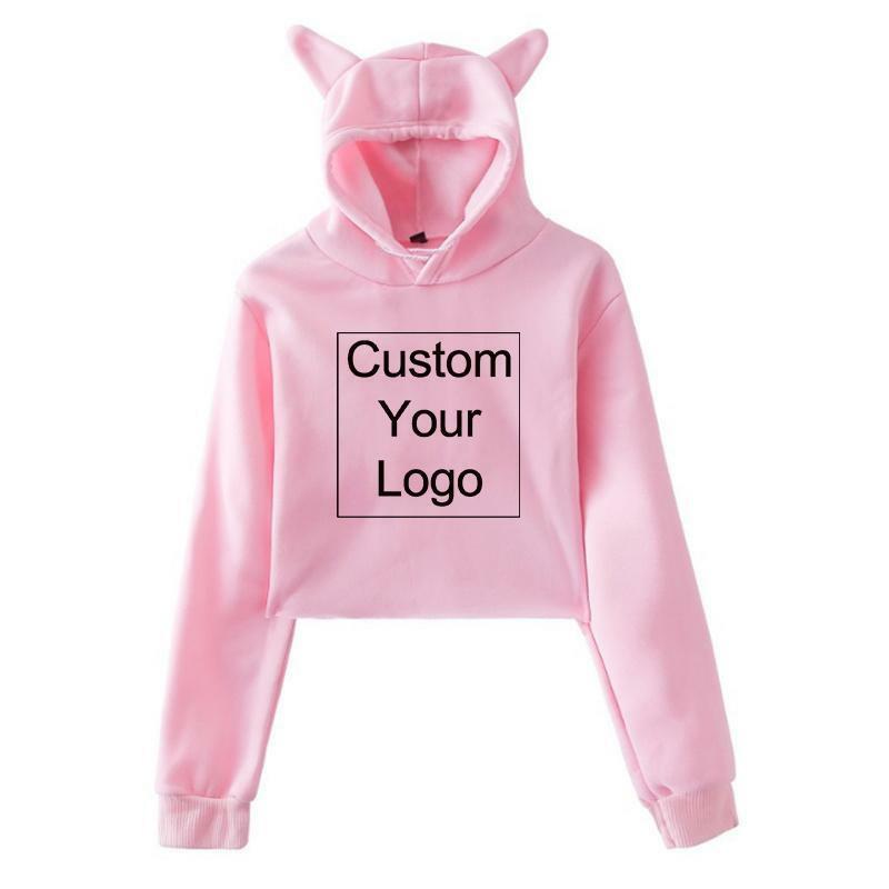 Frau benutzer definierte Druck Katze Ohr Hoodie Frauen DIY Ihr Foto oder Logo kurz geschnittene Sweatshirts weibliche Streetwear Crop Tops