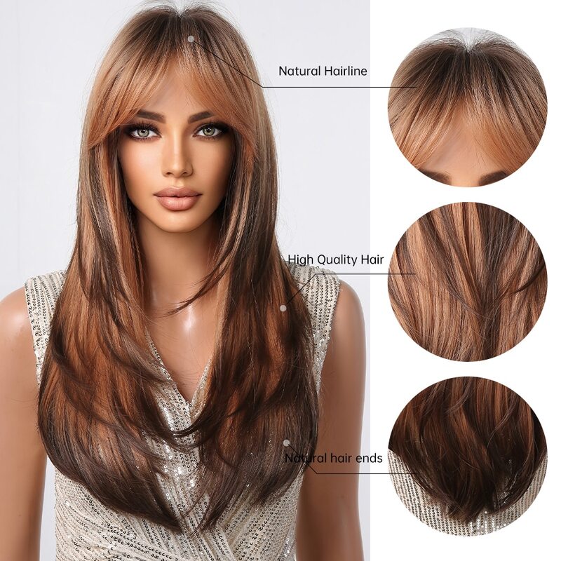 Wig sintetik untuk wanita, wig rambut panjang alami untuk wanita, wig sintetis berlapis poni, wig pirang cokelat muda untuk pesta