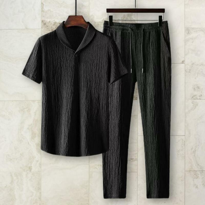 Conjunto de camisa de manga curta e calça comprida masculina, faixa elástica, roupa casual plissada, roupa masculina de negócios, verão, 2 peças por conjunto