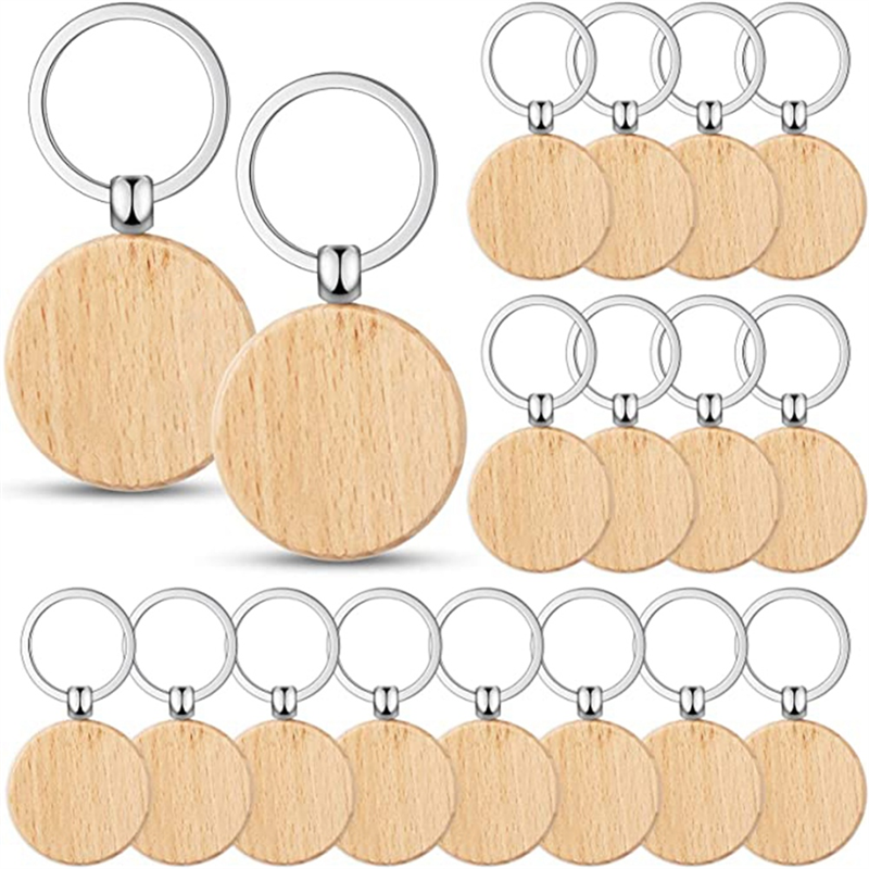 Пустая деревянная бирка для ключей, заготовка для ключа с гравировкой, кольцо для ключей из необработанного дерева, кольцо для ключей «сделай сам», круглые брелоки, 50 штук