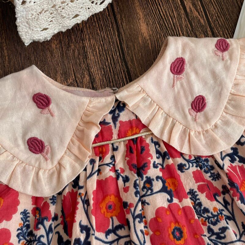 In stock! Children's Set 24 Summer BA Girls Retro Floral Big Flip Collar Doll Top+Flower Bract Pants