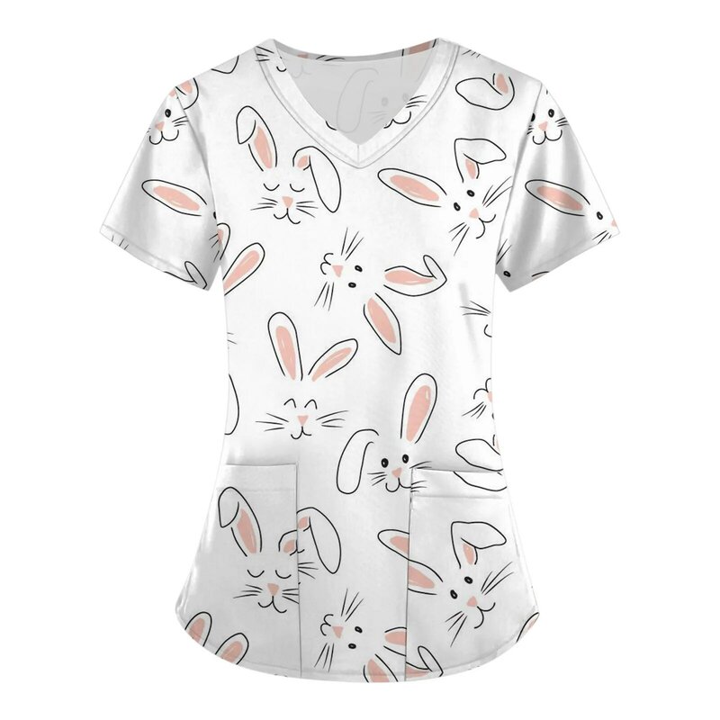 ウサギの卵プリント女性用ポケット付き歯科作業Tシャツ、より速いユニフォーム、半袖トップス、Vネックブラウス、2023