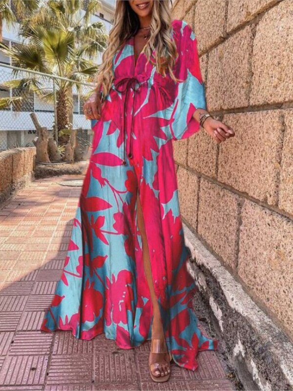 Gaun panjang Motif Musim Semi Musim Panas 2024 untuk Wanita Mode gaun belah pantai Bohemian leher-v gaun Maxi wanita liburan kasual