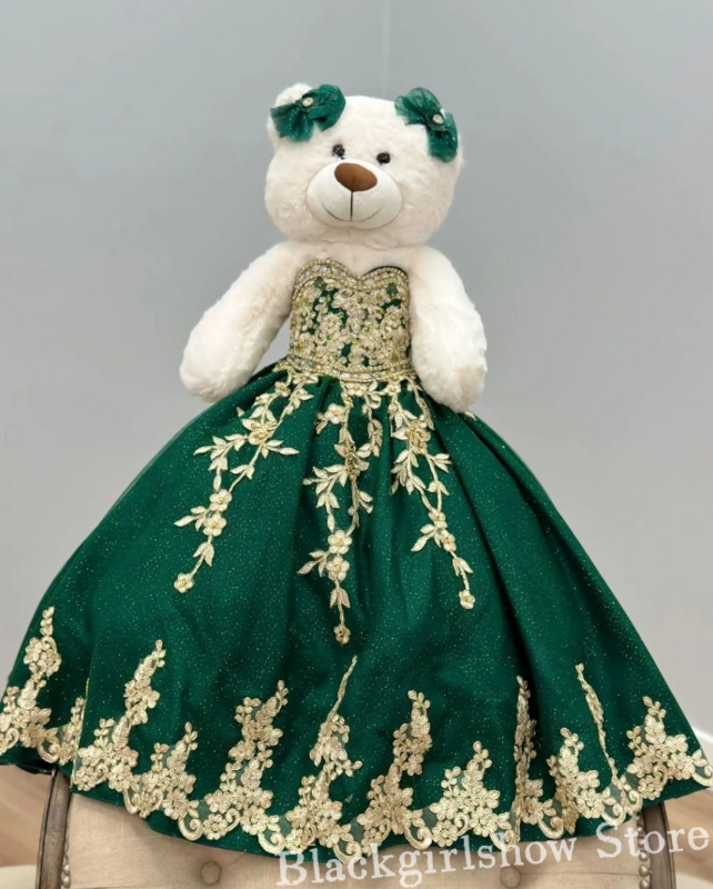 Emerald Green Quinceanera Teddy Bear Dress 2024 Luxurious Sheath Gold Applique Mini Quinceanera Dress