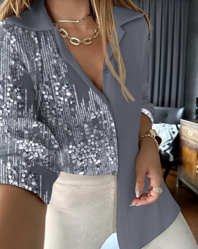 Women's Casual Buttoned Contrast Sequin Long Sleeve Top Temperament Commuting Female Long Sleeve Fashion Daily Blouses