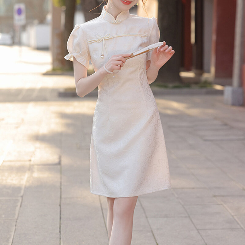 치파오 원피스 플라워 젊은 개량 치파오 미니 원피스, 중국 스타일 정장 드레스, 여름