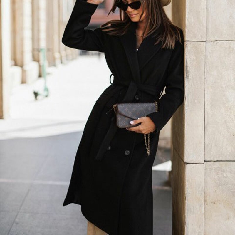 Women's Coat Simple Long Sleeve Suit Collar Tie Woolen Long Coat