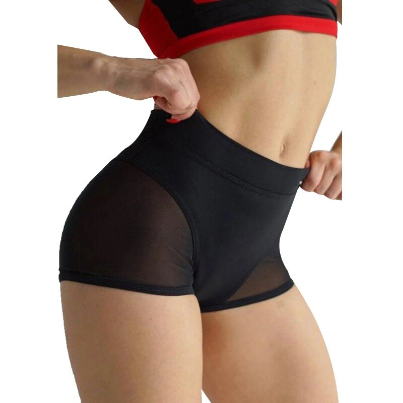 Short de sport extensible taille haute pour femme, ceinture élastique, maille transparente, patchwork, pantalon de yoga, salle de sport, danse, entraînement