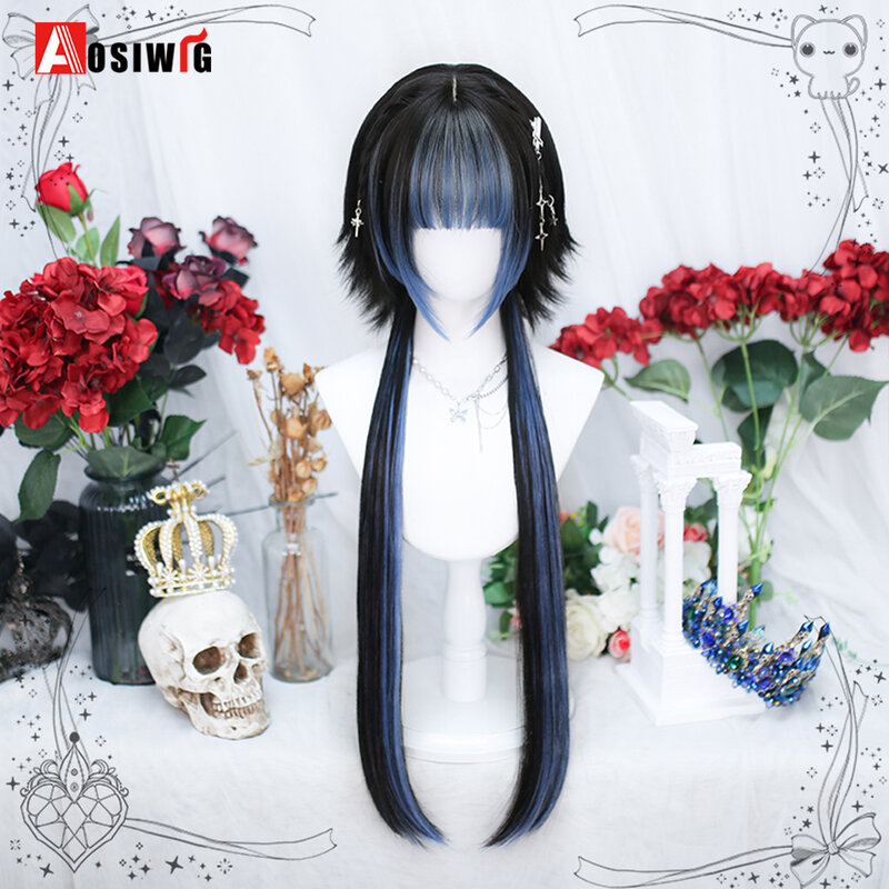 Aosiwig-peruca sintética longa reta lolita com franja, preto e azul, cosplay diário, cabelo de festa, harajuku, y2k