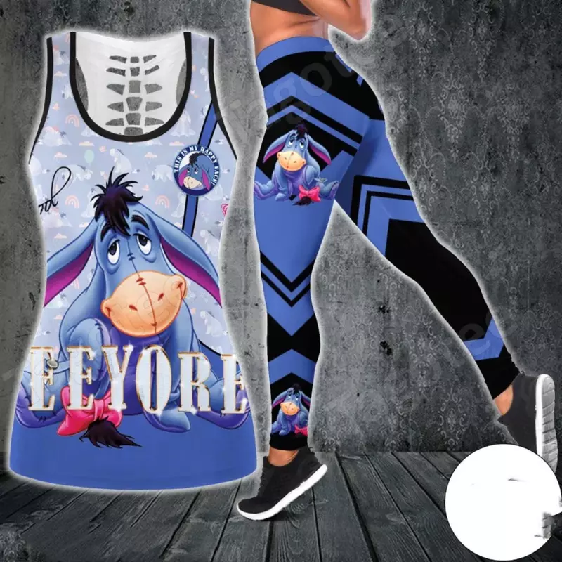 2024 Eeyore Women's Hollow Vest + Women's Leggings Yoga Suit Fitness Leggings Sports Suit Winnie the Pooh Tank Top Legging Set