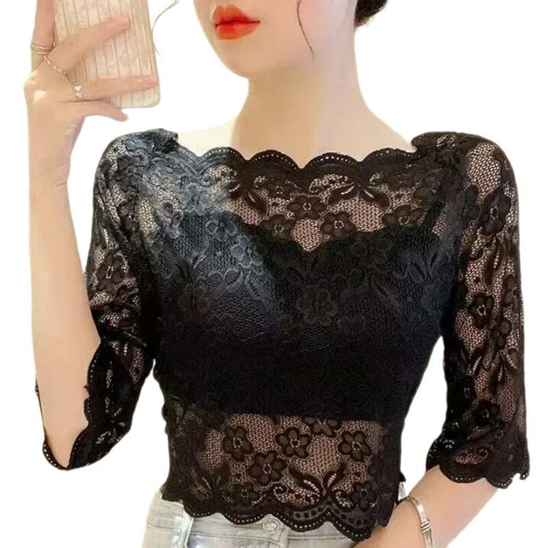 Women Cropped Tops Summer One-word Collar Half Sleeve Blouse See-through Embroidery Lace Pullover Tops Women's Clothing