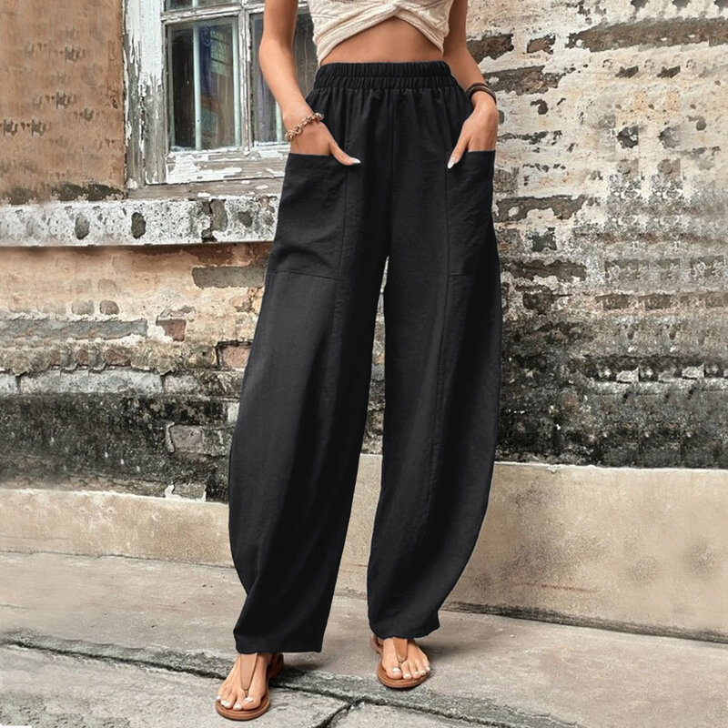 FjWomen-Pantalon décontracté en coton chanvre pour femme, taille élastique, poche, jambes larges, vêtements pour femme jeune