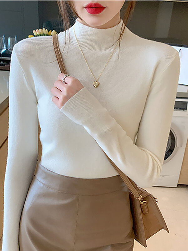 AOSSVIAO sweter Turtleneck Fashion wanita, atasan peregangan baru 2024, pullover rajut lengan panjang, Sweater rajut