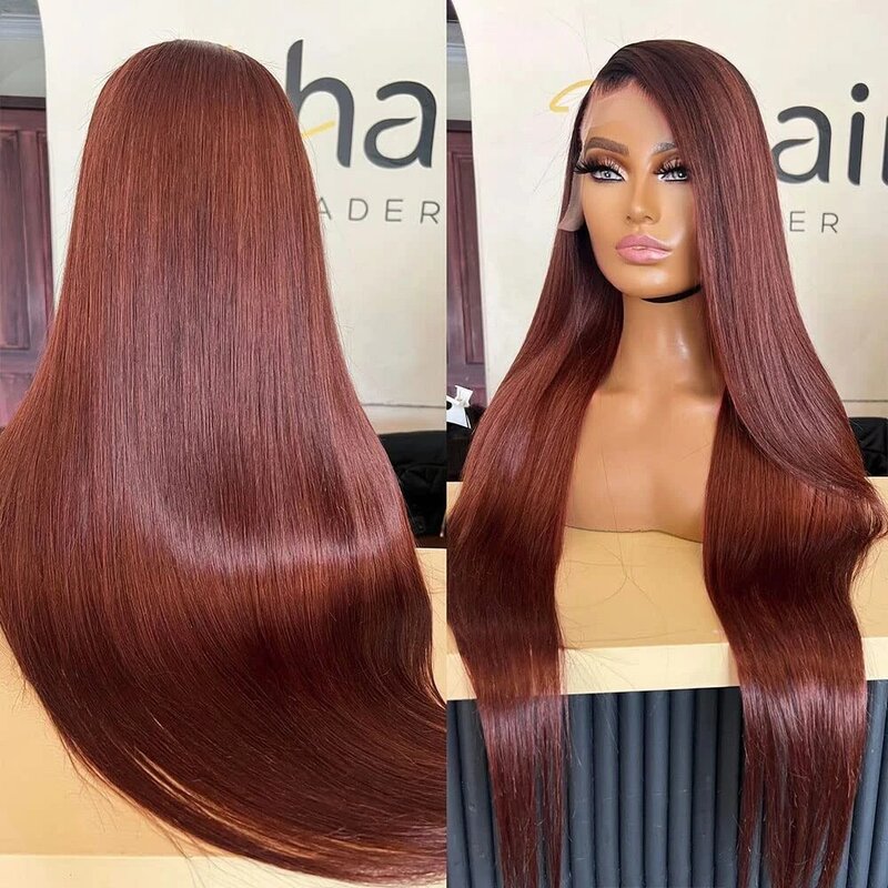 Peruca frontal do laço reto, perucas de cabelo humano coloridas transparentes, cabelo remy brasileiro, 13x4, 30 in, 32 in, 13x6 HD, marrom avermelhado