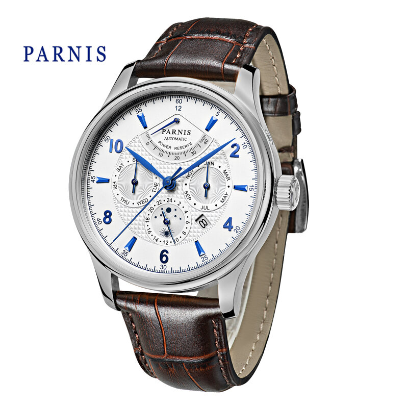 Nieuwe Casual 43Mm Parnis Automatische Horloge Gangreserve Maanfase Zakelijke Heren Mechanische Miyota 9100 Horloges Auto Date 2023