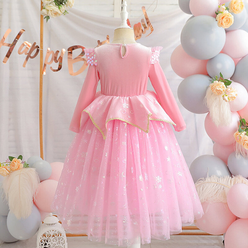Vestido de princesa rosa para Cosplay, traje elegante de manga larga para fiesta temática de cumpleaños, evento de Halloween, Festival, Aurora