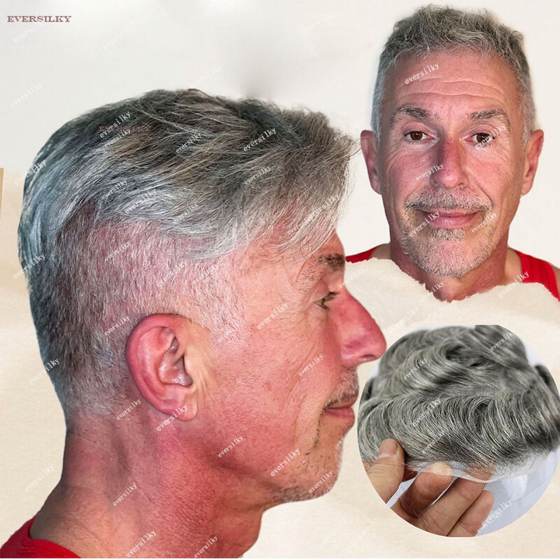 Garis rambut alami 0.02mm dasar tidak terlihat kulit Super tipis rambut palsu pria ketebalan 90% Sistem prostesis rambut manusia laki-laki abu-abu