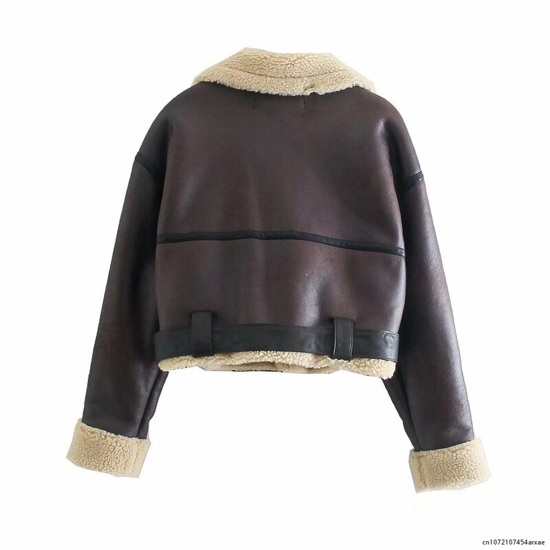 Winter Women Streetwear Coat Faux Lamb Leather Fur Short Jacket with Belt Moto Biker Thick Warm Sheepskin Coat Outwear