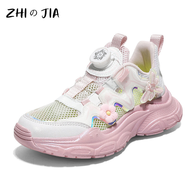 Детская обувь высокого качества 2024 летняя сетчатая повседневная обувь для девочек дышащие кроссовки с вращающейся пряжкой уличные кроссовки для бега