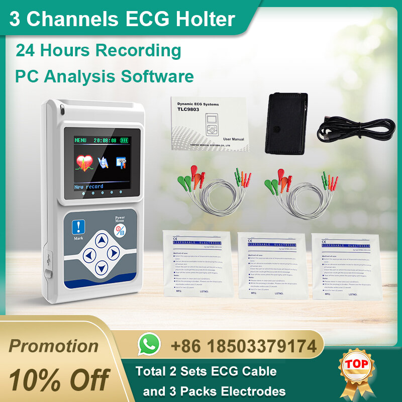 Holter ECG CONTEC 3 canali originale, Holter ECG, sistema di monitoraggio ECG dinamico, registratore ECG 24 ore TLC9803