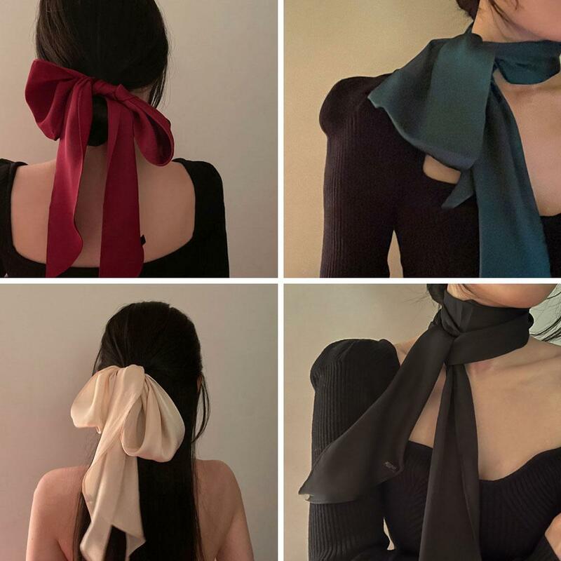 120cm Women Narrow Long Scarf Solid Color Chiffon Silk Rubber Red Tie Black Bag Ribbon Headband Choker Streamer Scarf