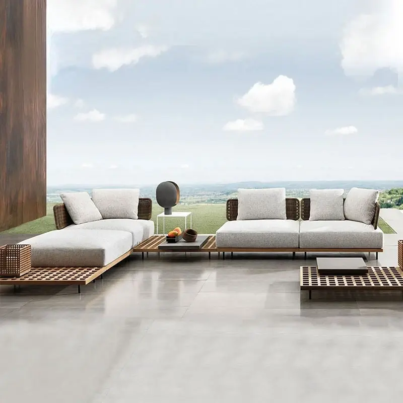 Customized Nordic outdoor leisure teak rattan sofa outdoor outdoor waterproof sunscreen courtyard bed tea table furniture
