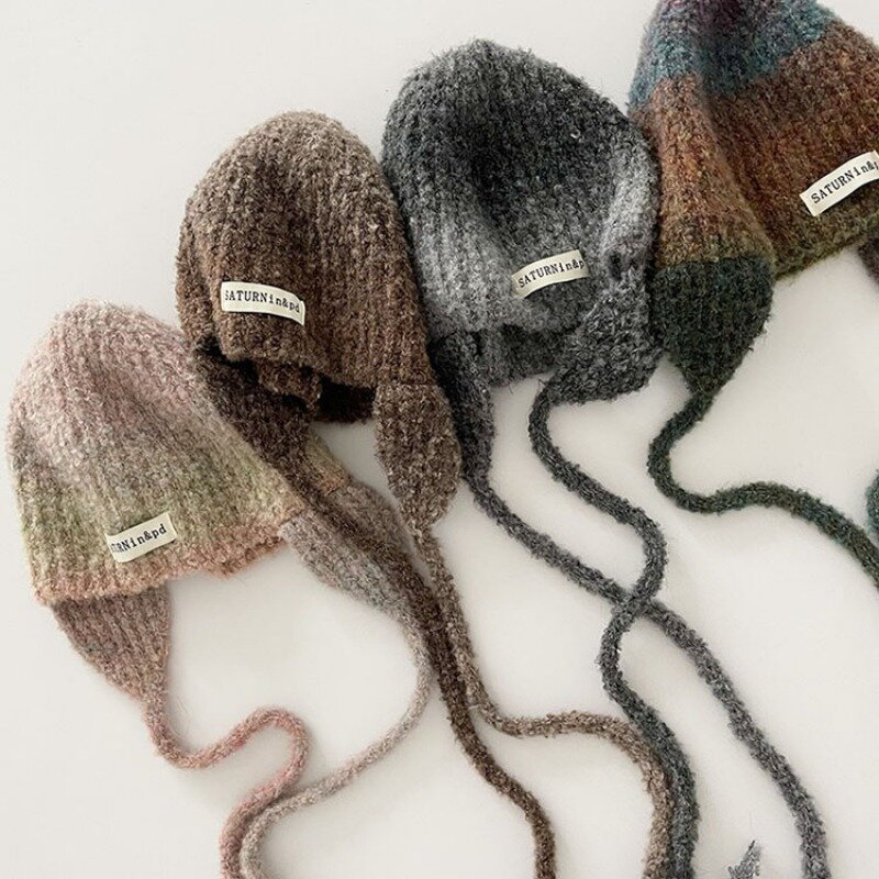 Maillard-Conjunto de 3 piezas de Color degradado para mujer, sombrero, bufanda, bolso, protección para los oídos, gorro de punto de lana, cálido y frío, Otoño e Invierno