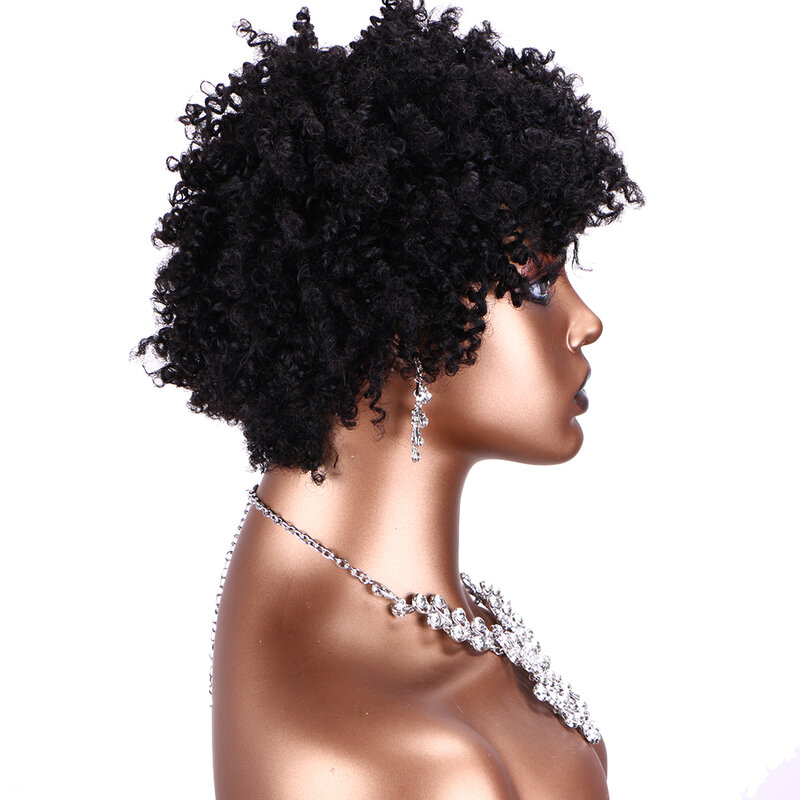 Rambut manusia potongan Pixie hitam Wig rambut manusia Bob pendek rambut manusia untuk wanita hitam Wig Afro rambut manusia buatan mesin pesta keriting alami