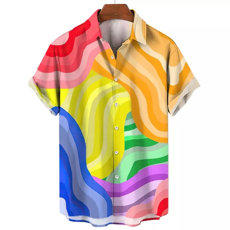 Camisas havaianas de manga curta masculinas, orgulho feliz do mês, design arco-íris, streetwear casual, roupas masculinas, camisas plus size