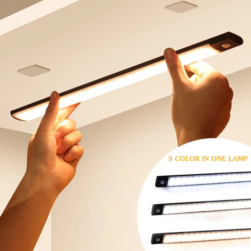 Sensore di movimento a 3 colori luce per armadio luce notturna luce a LED senza fili luci per armadietto lampada di illuminazione per armadio da cucina ricaricabile USB
